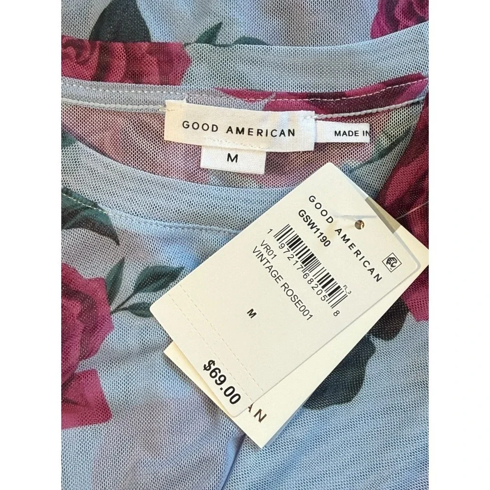 Good American Mesh Baby Tee‎ Vintage Rose Floral Sheer Top Blue Pink Medium NWT